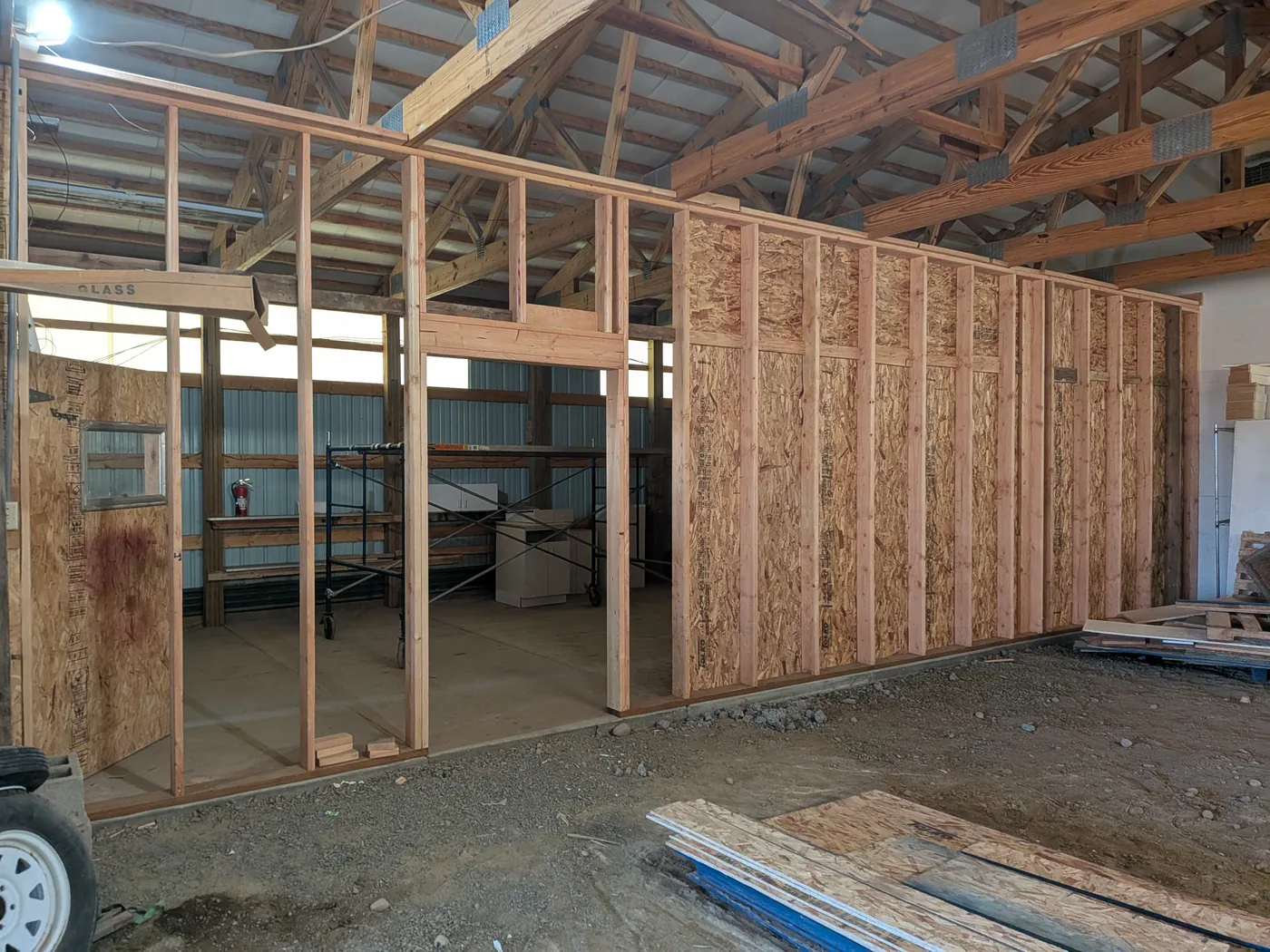 New interior wall framing during a camp building project